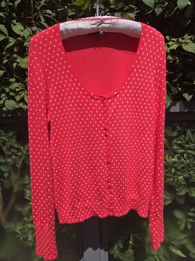 Comma, Polka Dot Red VISVOSE Blend Button-Front Long Sleeve Top SIZE US10